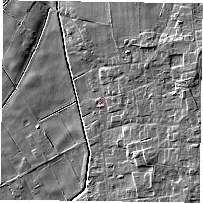 Shaded relief map of the ground around DN174EX, computed from Environment Agency LiDAR. The ground here sits at about 2 m above sea level and falls 10 m across the surrounding 800 m. Surface water reaching this point runs off ground lying to the east-north-east, 2.7 m higher.