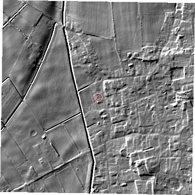 Shaded relief map of the ground around DN174EY, computed from Environment Agency LiDAR. The ground here sits at about 2 m above sea level and falls 10 m across the surrounding 800 m. Surface water reaching this point runs off ground lying to the east-north-east, 3.8 m higher.