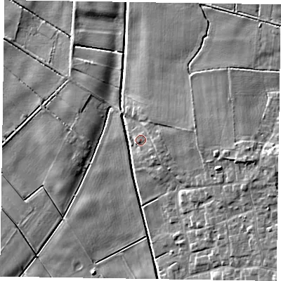 Shaded relief map of the ground around DN174EZ, computed from Environment Agency LiDAR. The ground here sits at about 3 m above sea level and falls 8 m across the surrounding 800 m. Surface water reaching this point runs off ground lying to the east-north-east, 1.5 m higher.