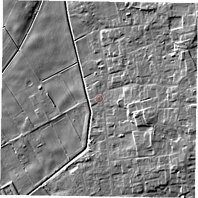 Shaded relief map of the ground around DN174FA, computed from Environment Agency LiDAR. The ground here sits at about 2 m above sea level and falls 10 m across the surrounding 800 m. Surface water reaching this point runs off ground lying to the east, 6.6 m higher.