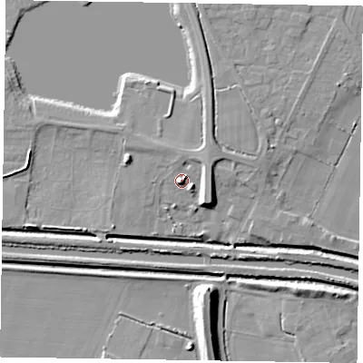 Shaded relief map of the ground around DN174FE, computed from Environment Agency LiDAR. The ground here sits at about 7 m above sea level and falls 10 m across the surrounding 800 m. Surface water reaching this point runs off ground lying to the south-east, 5.0 m higher.