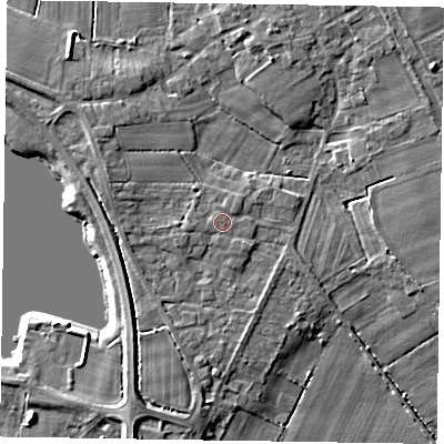 Shaded relief map of the ground around DN174GA, computed from Environment Agency LiDAR. The ground here sits at about 5 m above sea level and falls 7 m across the surrounding 800 m. The ground contributing surface water to this point lies to the east-north-east.