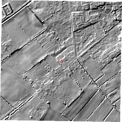 Shaded relief map of the ground around DN174GB, computed from Environment Agency LiDAR. The ground here sits at about 3 m above sea level and falls 6 m across the surrounding 800 m. Surface water reaching this point runs off ground lying to the south, 1.2 m higher.