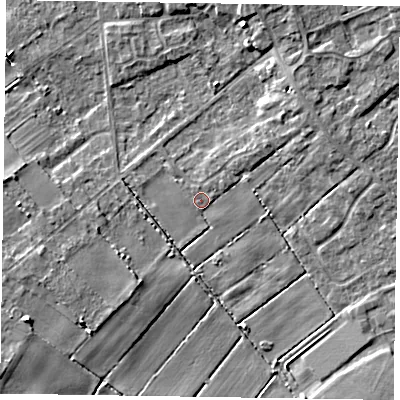 Shaded relief map of the ground around DN174GE, computed from Environment Agency LiDAR. The ground here sits at about 2 m above sea level and falls 6 m across the surrounding 800 m. Surface water reaching this point runs off ground lying to the north-east, 3.5 m higher.