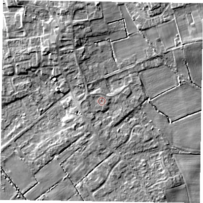Shaded relief map of the ground around DN174GG, computed from Environment Agency LiDAR. The ground here sits at about 4 m above sea level and falls 12 m across the surrounding 800 m. Surface water reaching this point runs off ground lying to the west-north-west, 0.8 m higher.