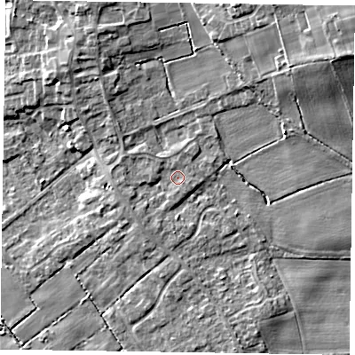 Shaded relief map of the ground around DN174GH, computed from Environment Agency LiDAR. The ground here sits at about 4 m above sea level and falls 12 m across the surrounding 800 m. Surface water reaching this point runs off ground lying to the north-north-east, 7.5 m higher.