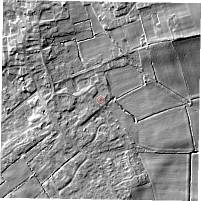 Shaded relief map of the ground around DN174GJ, computed from Environment Agency LiDAR. The ground here sits at about 4 m above sea level and falls 13 m across the surrounding 800 m. Surface water reaching this point runs off ground lying to the north-north-east, 0.9 m higher.