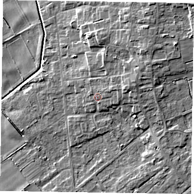 Shaded relief map of the ground around DN174HB, computed from Environment Agency LiDAR. The ground here sits at about 4 m above sea level and falls 10 m across the surrounding 800 m. Surface water reaching this point runs off ground lying to the east-north-east, 2.2 m higher.