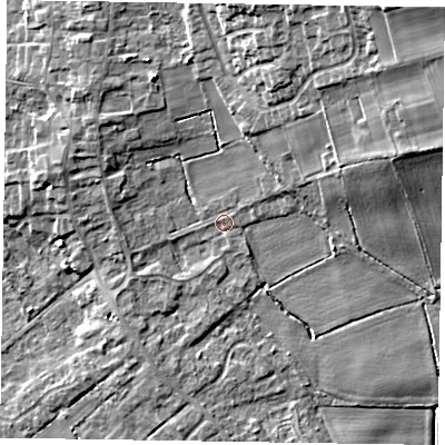 Shaded relief map of the ground around DN174HP, computed from Environment Agency LiDAR. The ground here sits at about 5 m above sea level and falls 15 m across the surrounding 800 m. Surface water reaching this point runs off ground lying to the north-east, 12.3 m higher.