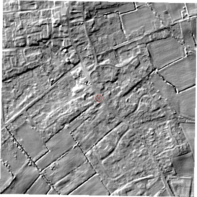 Shaded relief map of the ground around DN174HS, computed from Environment Agency LiDAR. The ground here sits at about 4 m above sea level and falls 9 m across the surrounding 800 m. Surface water reaching this point runs off ground lying to the north, 0.7 m higher.