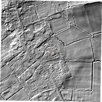 Shaded relief map of the ground around DN174HT, computed from Environment Agency LiDAR. The ground here sits at about 3 m above sea level and falls 12 m across the surrounding 800 m. Surface water reaching this point runs off ground lying to the west-south-west, 0.6 m higher.