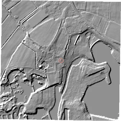 Shaded relief map of the ground around DN174HY, computed from Environment Agency LiDAR. The ground here sits at about 4 m above sea level and falls 7 m across the surrounding 800 m. Surface water reaching this point runs off ground lying to the north-west, 1.2 m higher.