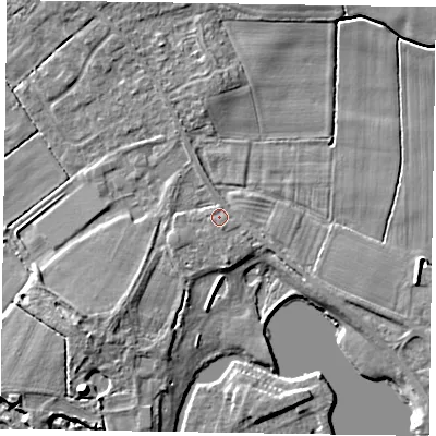 Shaded relief map of the ground around DN174HZ, computed from Environment Agency LiDAR. The ground here sits at about 4 m above sea level and falls 7 m across the surrounding 800 m. Surface water reaching this point runs off ground lying to the south, 0.6 m higher.