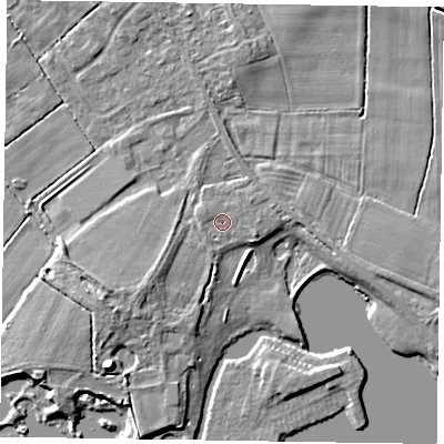 Shaded relief map of the ground around DN174JA, computed from Environment Agency LiDAR. The ground here sits at about 4 m above sea level and falls 7 m across the surrounding 800 m. Surface water reaching this point runs off ground lying to the west-north-west, 0.9 m higher.