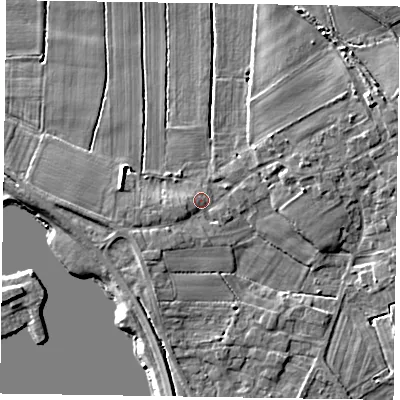 Shaded relief map of the ground around DN174JE, computed from Environment Agency LiDAR. The ground here sits at about 4 m above sea level and falls 6 m across the surrounding 800 m. Surface water reaching this point runs off ground lying to the south-west, 2.3 m higher.