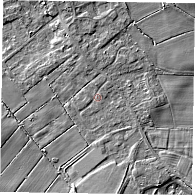 Shaded relief map of the ground around DN174JF, computed from Environment Agency LiDAR. The ground here sits at about 3 m above sea level and falls 5 m across the surrounding 800 m. Surface water reaching this point runs off ground lying to the north, 1.1 m higher.