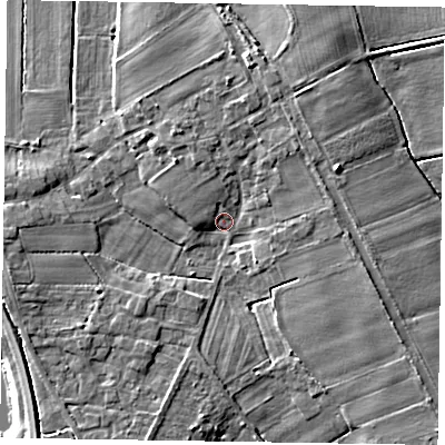Shaded relief map of the ground around DN174JG, computed from Environment Agency LiDAR. The ground here sits at about 4 m above sea level and falls 7 m across the surrounding 800 m. Surface water reaching this point runs off ground lying to the north-west, 3.8 m higher.