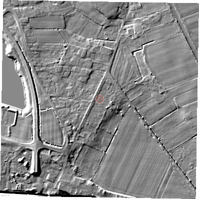 Shaded relief map of the ground around DN174JH, computed from Environment Agency LiDAR. The ground here sits at about 4 m above sea level and falls 9 m across the surrounding 800 m. Surface water reaching this point runs off ground lying to the west-north-west, 0.7 m higher.