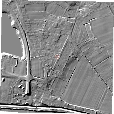 Shaded relief map of the ground around DN174JJ, computed from Environment Agency LiDAR. The ground here sits at about 4 m above sea level and falls 9 m across the surrounding 800 m. Surface water reaching this point runs off ground lying to the south-south-west, 0.7 m higher.