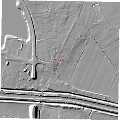 Shaded relief map of the ground around DN174JL, computed from Environment Agency LiDAR. The ground here sits at about 4 m above sea level and falls 10 m across the surrounding 800 m. Surface water reaching this point runs off ground lying to the south-west, 5.5 m higher.