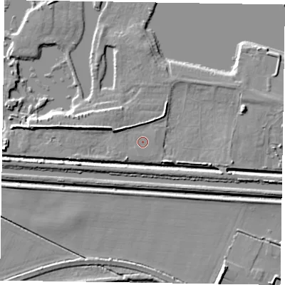 Shaded relief map of the ground around DN174JP, computed from Environment Agency LiDAR. The ground here sits at about 4 m above sea level and falls 9 m across the surrounding 800 m. Surface water reaching this point runs off ground lying to the south-south-west, 0.8 m higher.
