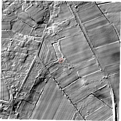 Shaded relief map of the ground around DN174JQ, computed from Environment Agency LiDAR. The ground here sits at about 4 m above sea level and falls 6 m across the surrounding 800 m. Surface water reaching this point runs off ground lying to the north, 4.4 m higher.