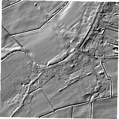 Shaded relief map of the ground around DN174JU, computed from Environment Agency LiDAR. The ground here sits at about 4 m above sea level and falls 4 m across the surrounding 800 m. Surface water reaching this point runs off ground lying to the east-north-east, 1.0 m higher.
