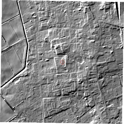Shaded relief map of the ground around DN174LG, computed from Environment Agency LiDAR. The ground here sits at about 5 m above sea level and falls 15 m across the surrounding 800 m. Surface water reaching this point runs off ground lying to the east, 1.5 m higher.