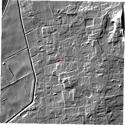 Shaded relief map of the ground around DN174LH, computed from Environment Agency LiDAR. The ground here sits at about 4 m above sea level and falls 15 m across the surrounding 800 m. Surface water reaching this point runs off ground lying to the east, 5.2 m higher.