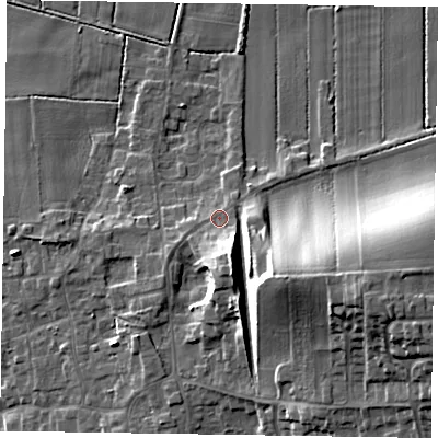 Shaded relief map of the ground around DN174LR, computed from Environment Agency LiDAR. The ground here sits at about 6 m above sea level and falls 19 m across the surrounding 800 m. Surface water reaching this point runs off ground lying to the east-south-east, 15.2 m higher.