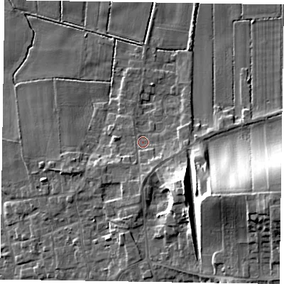 Shaded relief map of the ground around DN174LS, computed from Environment Agency LiDAR. The ground here sits at about 5 m above sea level and falls 19 m across the surrounding 800 m. Surface water reaching this point runs off ground lying to the south, 3.9 m higher.