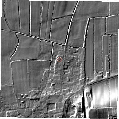 Shaded relief map of the ground around DN174LT, computed from Environment Agency LiDAR. The ground here sits at about 4 m above sea level and falls 20 m across the surrounding 800 m. Surface water reaching this point runs off ground lying to the south-south-west, 4.9 m higher.