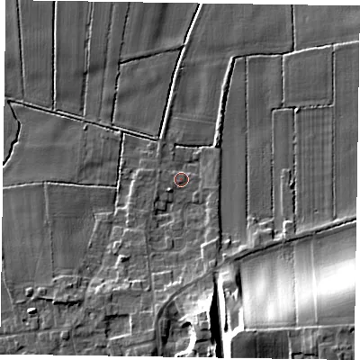 Shaded relief map of the ground around DN174LU, computed from Environment Agency LiDAR. The ground here sits at about 3 m above sea level and falls 20 m across the surrounding 800 m. Surface water reaching this point runs off ground lying to the south, 5.6 m higher.