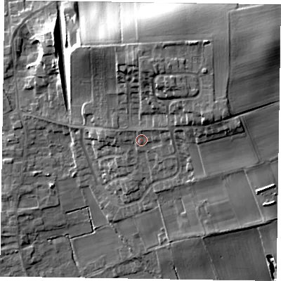 Shaded relief map of the ground around DN174LW, computed from Environment Agency LiDAR. The ground here sits at about 13 m above sea level and falls 17 m across the surrounding 800 m. Surface water reaching this point runs off ground lying to the north, 1.5 m higher.