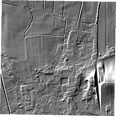 Shaded relief map of the ground around DN174LZ, computed from Environment Agency LiDAR. The ground here sits at about 4 m above sea level and falls 19 m across the surrounding 800 m. Surface water reaching this point runs off ground lying to the south-west, 3.7 m higher.
