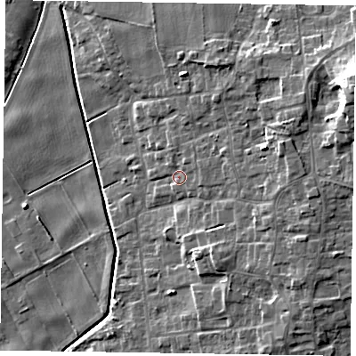 Shaded relief map of the ground around DN174NL, computed from Environment Agency LiDAR. The ground here sits at about 4 m above sea level and falls 14 m across the surrounding 800 m. Surface water reaching this point runs off ground lying to the east-north-east, 6.0 m higher.