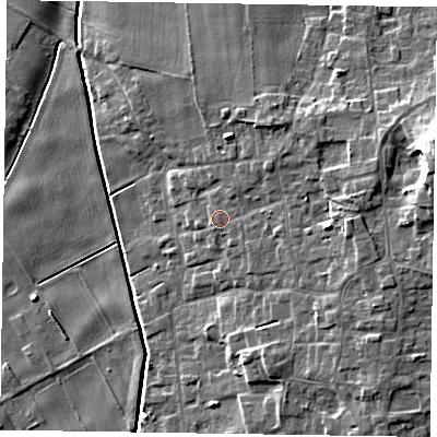Shaded relief map of the ground around DN174NQ, computed from Environment Agency LiDAR. The ground here sits at about 5 m above sea level and falls 13 m across the surrounding 800 m. Surface water reaching this point runs off ground lying to the east, 4.8 m higher.