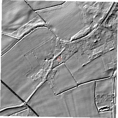 Shaded relief map of the ground around DN174PH, computed from Environment Agency LiDAR. The ground here sits at about 3 m above sea level and falls 5 m across the surrounding 800 m. Surface water reaching this point runs off ground lying to the north, 1.1 m higher.