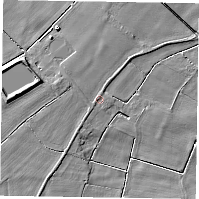 Shaded relief map of the ground around DN174PL, computed from Environment Agency LiDAR. The ground here sits at about 3 m above sea level and falls 7 m across the surrounding 800 m. Surface water reaching this point runs off ground lying to the north-north-east, 0.7 m higher.