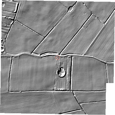 Shaded relief map of the ground around DN174PP, computed from Environment Agency LiDAR. The ground here sits at about 2 m above sea level and falls 5 m across the surrounding 800 m. Surface water reaching this point runs off ground lying to the east-north-east, 0.8 m higher.