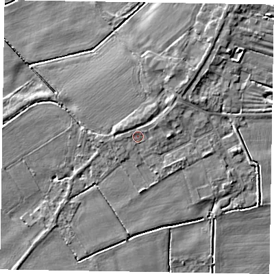 Shaded relief map of the ground around DN174PQ, computed from Environment Agency LiDAR. The ground here sits at about 3 m above sea level and falls 4 m across the surrounding 800 m. Surface water reaching this point runs off ground lying to the north-east, 1.2 m higher.