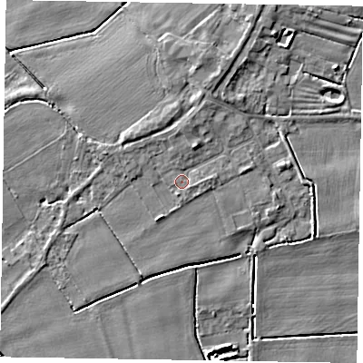Shaded relief map of the ground around DN174PT, computed from Environment Agency LiDAR. The ground here sits at about 3 m above sea level and falls 5 m across the surrounding 800 m. Surface water reaching this point runs off ground lying to the south-south-west, 1.5 m higher.