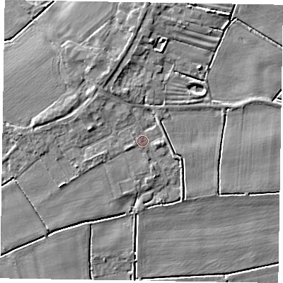 Shaded relief map of the ground around DN174PX, computed from Environment Agency LiDAR. The ground here sits at about 2 m above sea level and falls 5 m across the surrounding 800 m. Surface water reaching this point runs off ground lying to the west-south-west, 2.1 m higher.