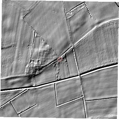 Shaded relief map of the ground around DN174PZ, computed from Environment Agency LiDAR. The ground here sits at about 2 m above sea level and falls 5 m across the surrounding 800 m. Surface water reaching this point runs off ground lying to the west-north-west, 2.4 m higher.