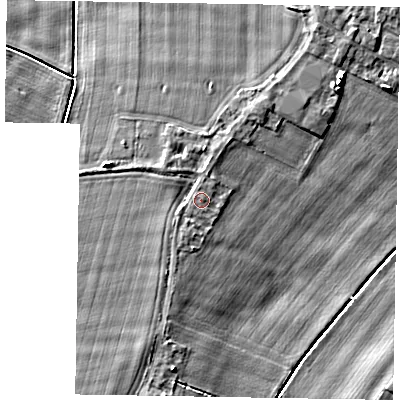 Shaded relief map of the ground around DN174QL, computed from Environment Agency LiDAR. The ground here sits at about 4 m above sea level and falls 6 m across the surrounding 800 m. Surface water reaching this point runs off ground lying to the west-south-west, 0.9 m higher.