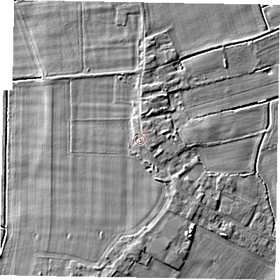 Shaded relief map of the ground around DN174QP, computed from Environment Agency LiDAR. The ground here sits at about 4 m above sea level and falls 6 m across the surrounding 800 m. Surface water reaching this point runs off ground lying to the south-east, 1.2 m higher.