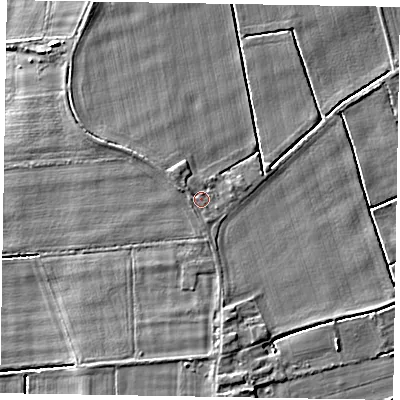 Shaded relief map of the ground around DN174QR, computed from Environment Agency LiDAR. The ground here sits at about 3 m above sea level and falls 5 m across the surrounding 800 m. Surface water reaching this point runs off ground lying to the west-north-west, 1.2 m higher.