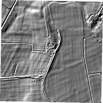 Shaded relief map of the ground around DN174QS, computed from Environment Agency LiDAR. The ground here sits at about 4 m above sea level and falls 7 m across the surrounding 800 m. Surface water reaching this point runs off ground lying to the east, 0.9 m higher.