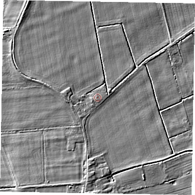 Shaded relief map of the ground around DN174QT, computed from Environment Agency LiDAR. The ground here sits at about 3 m above sea level and falls 5 m across the surrounding 800 m. The ground contributing surface water to this point lies to the south-south-west.