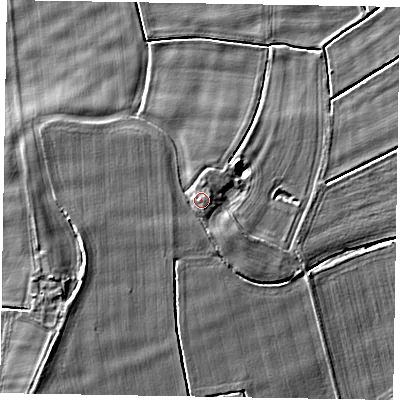 Shaded relief map of the ground around DN174QU, computed from Environment Agency LiDAR. The ground here sits at about 5 m above sea level and falls 5 m across the surrounding 800 m. Surface water reaching this point runs off ground lying to the south-west, 1.7 m higher.